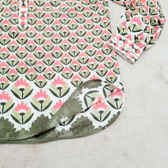 Talbots Women’s Medium Floral Boho Peasant Blouse 100% Cotton Pink Green Long Sl - Picture 8 of 12